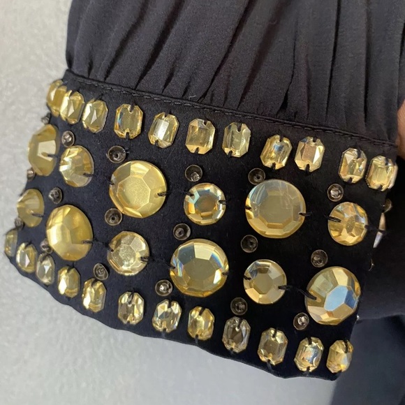 Red Valentino Silk Long Sleeve Black Top W/ Gold Embellished Collar &Wrist Decor - Picture 5 of 6